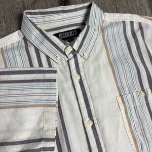 Ezekiel Men's L Button Up Shirt Beige Striped Woven Cotton Short Sleeve Pocket